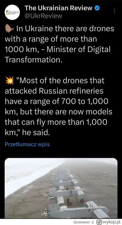 Grooveer - Minister w rządzie Ukrainy poinformował, że Ukraina posiada już drony o za...