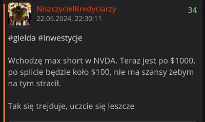 NiszczycielKredyciarzy - #gielda 

I cyk, shorcik na nvda zamkniety, łatwe +90% zysku...