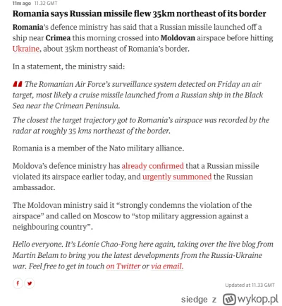 siedge - Ukraińcy mówią że przeleciała nad Rumunią a Rumuński minister obrony że prze...