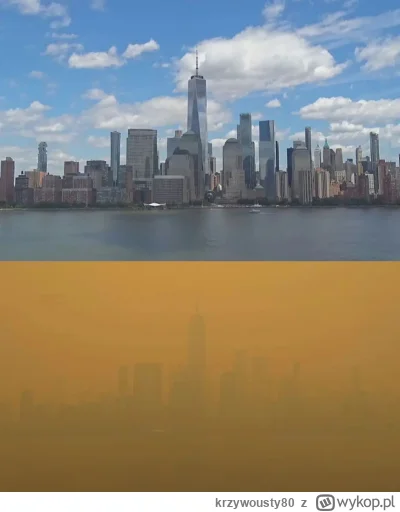 krzywousty80 - Dzisiejszy widok na Manhattan - dym pochodzący z pożarów w Kanadzie 

...