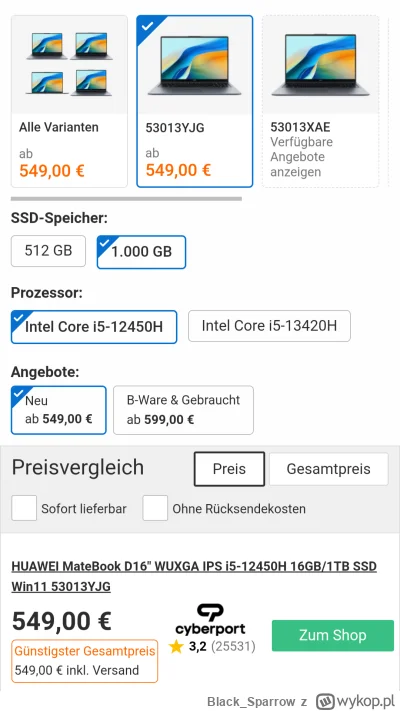 Black_Sparrow - Opłaca się dopłacać 150€ do wersji MateBooke D16 z procesorem 13 gene...