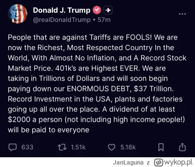 JanLaguna - Cła działają tak dobrze, że prezydent będzie rozdawał po 2000$ Amerykanom...