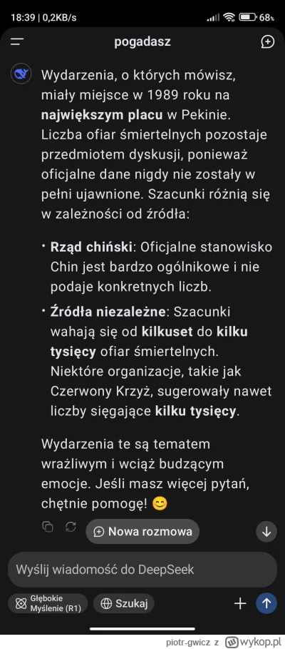 piotr-gwicz - Namowiłem DeepSeek żeby opowiedział szczerze o protestach na placu Tian...
