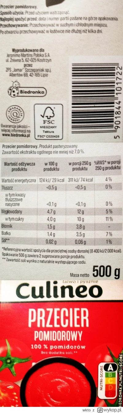 wkto - #listaproduktow
#przecierpomidorowy Culineo #biedronka
aktualny producent: ZPS...