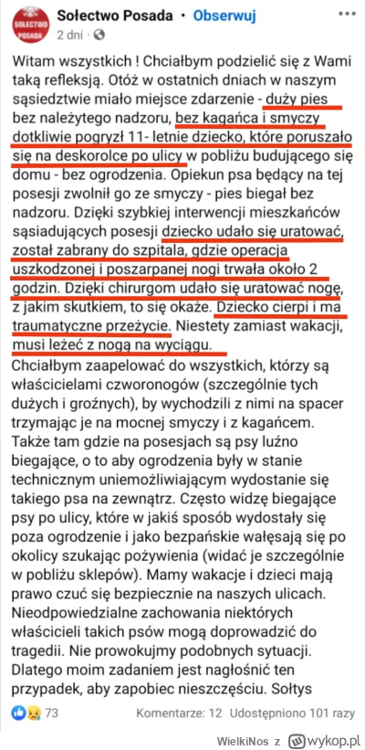 WielkiNos - Wpis sołtysa miejscowości Posada. Pies zaatakował jadącego ulicą na desko...