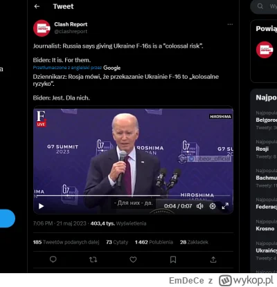 EmDeCe - #ukraina #wojna #biden

Słychać wycie? Znakomicie. 

https://twitter.com/cla...