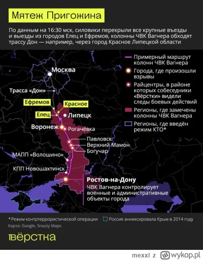 mexxl - #ukraina #rosja #wojna
Mapa kampanii Prigożyna i PVK "Wagnera" do Moskwy

 Zo...