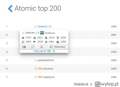 Videleck - Udało się zwiększyć wynik z graczem top 1 w atomic na świecie, na 4 partie...