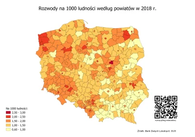 czarnobiaua - Rozwody na 1000 ludności według powiatów w 2018 r.

Źródłem informacj...