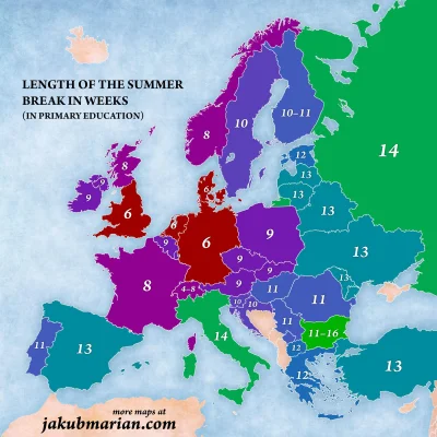 arturo1983 - Długość letnich wakacji w Europie, wyrażona w tygodniach. W #polska 9 ty...
