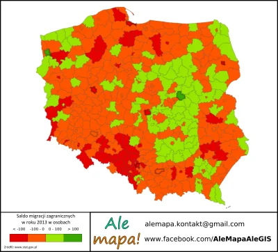 AleMapa - Polska zielona wyspa - saldo migracji zagranicznych na pobyt stałych w 2013...