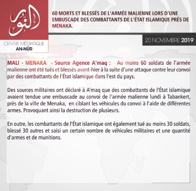 K.....e - Raport z zabicia 60 żołnierzy Malijskich w okolicach Meneka.
To kolejny at...