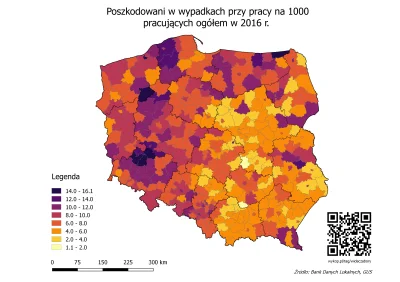 czarnobiaua - Poszkodowani w wypadkach przy pracy na 1000 pracujących ogółem w 2016 r...