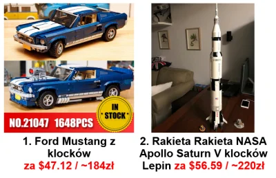 LowcyChin - 1. Ford Mustang z klocków
Cena z wysyłką: $47.12 / ~184zł

2. Rakieta ...