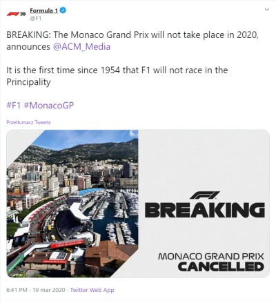 TiagoPorco - Oficjalnie: W 2020 roku GP Monako nie będzie.
https://twitter.com/F1/st...