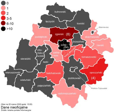 z.....e - Zakażenia koronawirusem w powiatach województwa łódzkiego. 
Dane nieoficja...