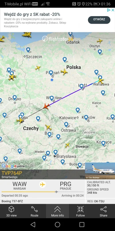 dominomosina - Fr24 pokazuje, że ten samolot leci do Pragi co się zgadza, bo właśnie ...