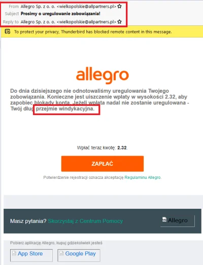 borewiczzero7 - #allegro #oszukujo #phishing #scam 

Takiego emaila dziś dostałem. ...