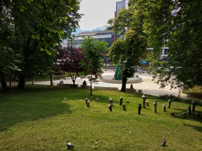 Krupier - @Krupier: park miejski, a pomiędzy drzewami - nagrobki. W tle "Pomnik dziec...