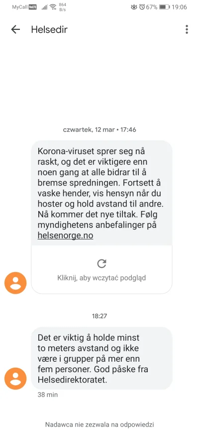 PMV_Norway - #koronawirus #norwegia a dziś przyszedł taki oto sms od Ministerstwa zdr...