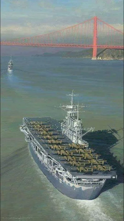 sropo - Lotniskowiec USS Hornet opuszczający San Francisco z bombowcami B-25. Płynęły...