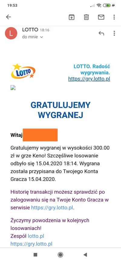 GalNoname - Niby mała kwota, ale i tak się cieszę, bo fart jak cholera. XD 
#lotto #c...