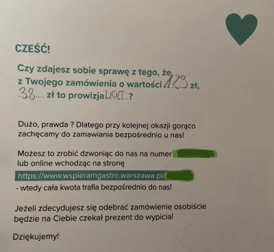 advert - Takie kartki pojawiają się przy zamawianiu z niektórych warszawskich restaur...