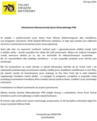 hemikalik - Oficjalne oświadczenie Głownej Komisji Sportu Motocyklowego PZM w sprawie...