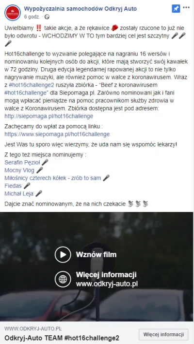 xBorys - Wypożyczalnia ulaneauto.peel nominowała naszego Marcinka do #hot16challenge2...