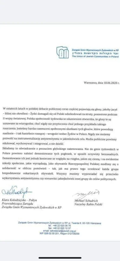 s.....s - Dzisiejsze oświadczenie Naczelnego Rabina Polski oraz Przewodniczącej Zarzą...