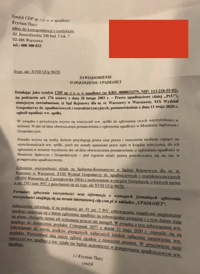 scroller - Dziś dostałem pismo od syndyka z informacją, że CDP zmienił zdanie i nie d...