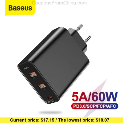 n____S - Baseus 3 Ports 60W USB/Type-C Charger PD3.0 - Aliexpress 
Cena: $17.15 (67,...