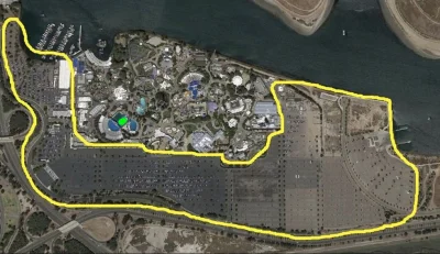 cieliczka - SeaWorld - morski park rozrywki w USA: na żółto zakreślono parking, zielo...