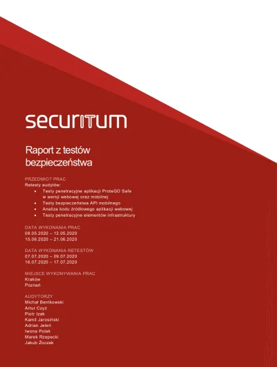 sekurak - ~100 stronicowy techniczny raport z audytu bezpieczeństwa aplikacji ProteGo...