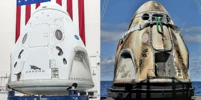 dylann - #ciekawostki #spacex #kosmos 
Kapsuła przed startem i po wylądowaniu