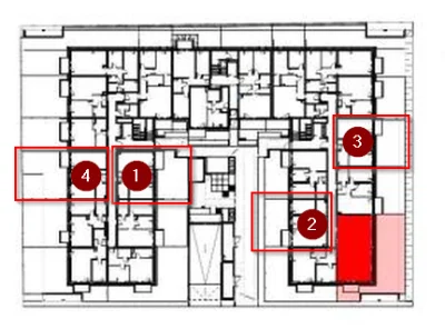 ave470 - Pytanie: Blok w kształcie litery U - które mieszkania z zaznaczonych czerwon...