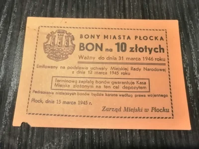 Kenpaczi - Dzisiaj coś innego, można podpiąć pod banknot - bon na 10 zl, 1945 rok

...