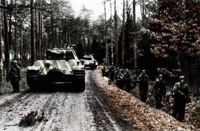 wojna - Niemieckie czołgi Panzer V "Pantera" i grenadierzy z 1.Dywizji Pancerno-Spado...