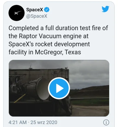 I.....u - SpaceX uruchomiło próżniowy silnik Raptor statku Starship. Jest nagranie
h...