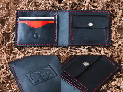 Amdy - Czarny portfel ręcznie farbowany i szyty z 3 przegródkami na karty , jedną prz...