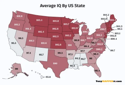 bastek66 - Średnie IQ w poszczególnych stanach USA #mapa #mapporn #usa #iq