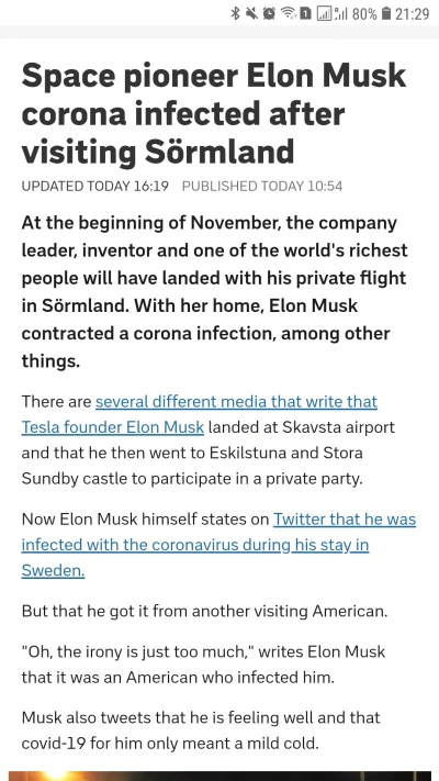 Springiscoming - Elon Musk zarazil sie COVID w Szwecji. Od Amerykanina na prywatnej i...