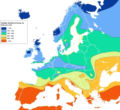 Asarhaddon - Nasłonecznienie w Europie, wyrażone w godzinach na rok.

#mapy #pogodabo...