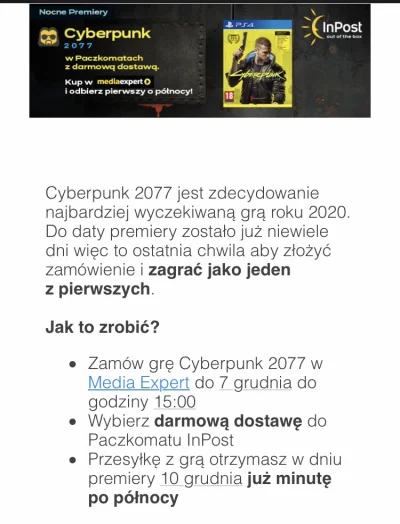 Bagietka997 - #inpost to jednak kozaki są. Jeśli zamówisz #cyberpunk2077 w #mediaexpe...