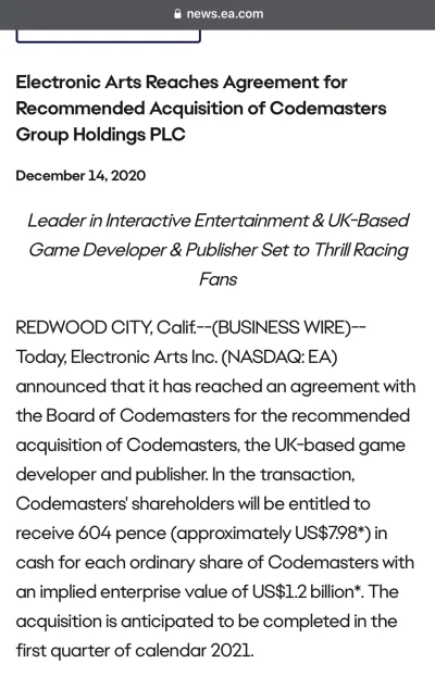 Reepo - No i wczorajsze plotki potwierdzone - Codemasters i EA dobiły targu, EA wykup...