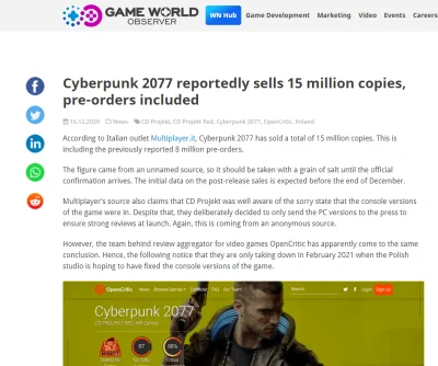 Mikka - Włoskie źródło podaje że Cyberpunk 2077 sprzedał włącznie z pre orderami pona...