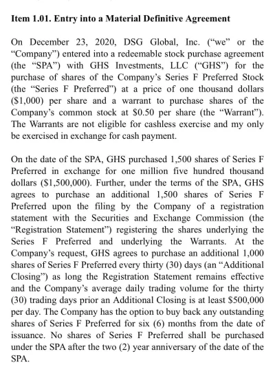 Fiemka - ""DSGT just filed a 8K tonight.....GHS Investments has agreed to buy 1,500 s...