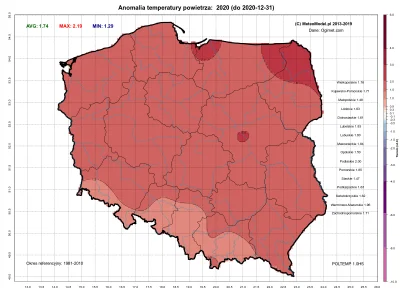 sztach - Tak wyglądał rozkład anomalii temperatury w roku 2020 w Polsce.