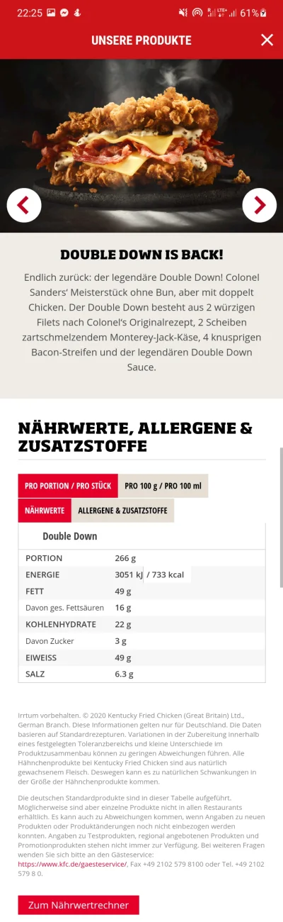 adamdd - A tu taka nowość w niemieckim KFC ( ͡° ͜ʖ ͡°) 
22 g węgli na porcję/733 kca...