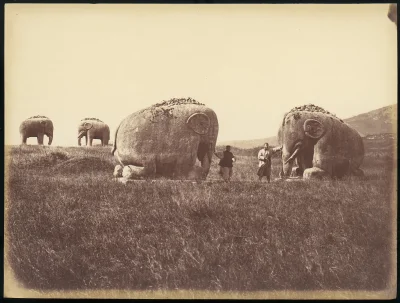 myrmekochoria - Mężczyźni stoją obok rzeźb słoni nieopodal grobowców dynastii Ming, l...